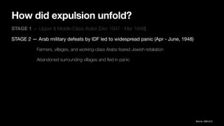 How did expulsion unfold?
STAGE 1 — Upper & Middle Class Arabs (Dec 1947 - Mar 1948)
STAGE 2 — Arab military defeats by IDF led to widespread panic (Apr - June, 1948)
Farmers, villages, and working-class Arabs feared Jewish retaliation
Abandoned surrounding villages and
fl
ed in panic
Morris, 588-610
 