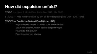 How did expulsion unfold?
STAGE 1 — Upper & Middle Class Arabs (Dec 1947 - Mar 1948)
STAGE 2 — Arab military defeats by IDF led to widespread panic (Apr - June, 1948)
STAGE 3 — Ben Gurion Ordered Plan D (June, 1948)
Haganah expelled villages to create a bu
ff
er zone in the East
Secure lines of communication expelled belligerent villages
Prevented a “Fifth Column”
Prevent refugees from returning
Morris, 592
 