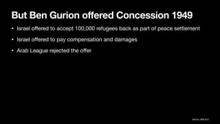 But Ben Gurion offered Concession 1949
• Israel o
ff
ered to accept 100,000 refugees back as part of peace settlement
• Israel o
ff
ered to pay compensation and damages
• Arab League rejected the o
ff
er
Morris, 588-610
 