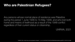 Who are Palestinian Refugees?
Any persons whose normal place of residence was Palestine
during the period 1 June 1946 to 15 May 1948, and who lost both
home and means of livelihood as a result of the 1948 con
fl
ict
regardless of their current status or citizenship.
UNRWA, 2021
“UNRWA” (2021). https://www.unrwa.org/palestine-refugees?__cf_chl_tk=bwPZ4IaHCJ7I9cFZOxiKiRW93VBqx5wqMHemxpJ8GYQ-1707507125-0-3899
 