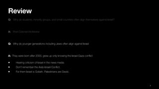 Review
Q: Why do students, minority groups, and small countries often align themselves against Israel?
A: Post-Colonial Worldview
Q: Why do younger generations including Jews often align against Israel
A: They were born after 2000, grew up only knowing the Israel-Gaza con
fl
ict
• Hearing criticism of Israel in the news media
• Don’t remember the Arab-Israeli Con
fl
ict.
• For them Israel is Goliath. Palestinians are David.
7
 