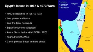 Egypt’s losses in 1967 & 1973 Wars
• 1000’s casualties in 1967 & 1973
• Lost planes and tanks
• Lost the Sinai Peninsula
• Egypt’s economy collapsed
• Anwar Sedat broke with USSR in 1976
• Aligned with the West
• Carter pressed Sedat to make peace
74
 