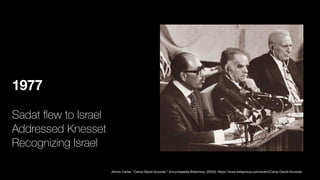 1977
Sadat
fl
ew to Israel
Addressed Knesset
Recognizing Israel
Jimmy Carter, ”Camp David Accords." Encyclopedia Britannica, (2023). https://www.britannica.com/event/Camp-David-Accords.
 