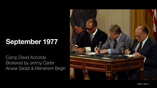 September 1977
Camp David Accords
Brokered by Jimmy Carter
Anwar Sadat & Menahem Begin
Carter, “Terms”
 