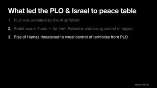 What led the PLO & Israel to peace table
1. PLO was alienated by the Arab World
2. Arafat was in Tunis — far from Palestine and losing control of region.
3. Rise of Hamas threatened to wrest control of territories from PLO
Waxman 105-120.
 