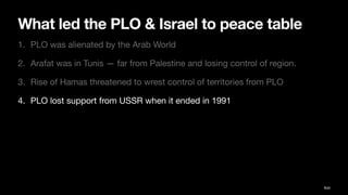 What led the PLO & Israel to peace table
1. PLO was alienated by the Arab World
2. Arafat was in Tunis — far from Palestine and losing control of region.
3. Rise of Hamas threatened to wrest control of territories from PLO
4. PLO lost support from USSR when it ended in 1991
Ibid
 