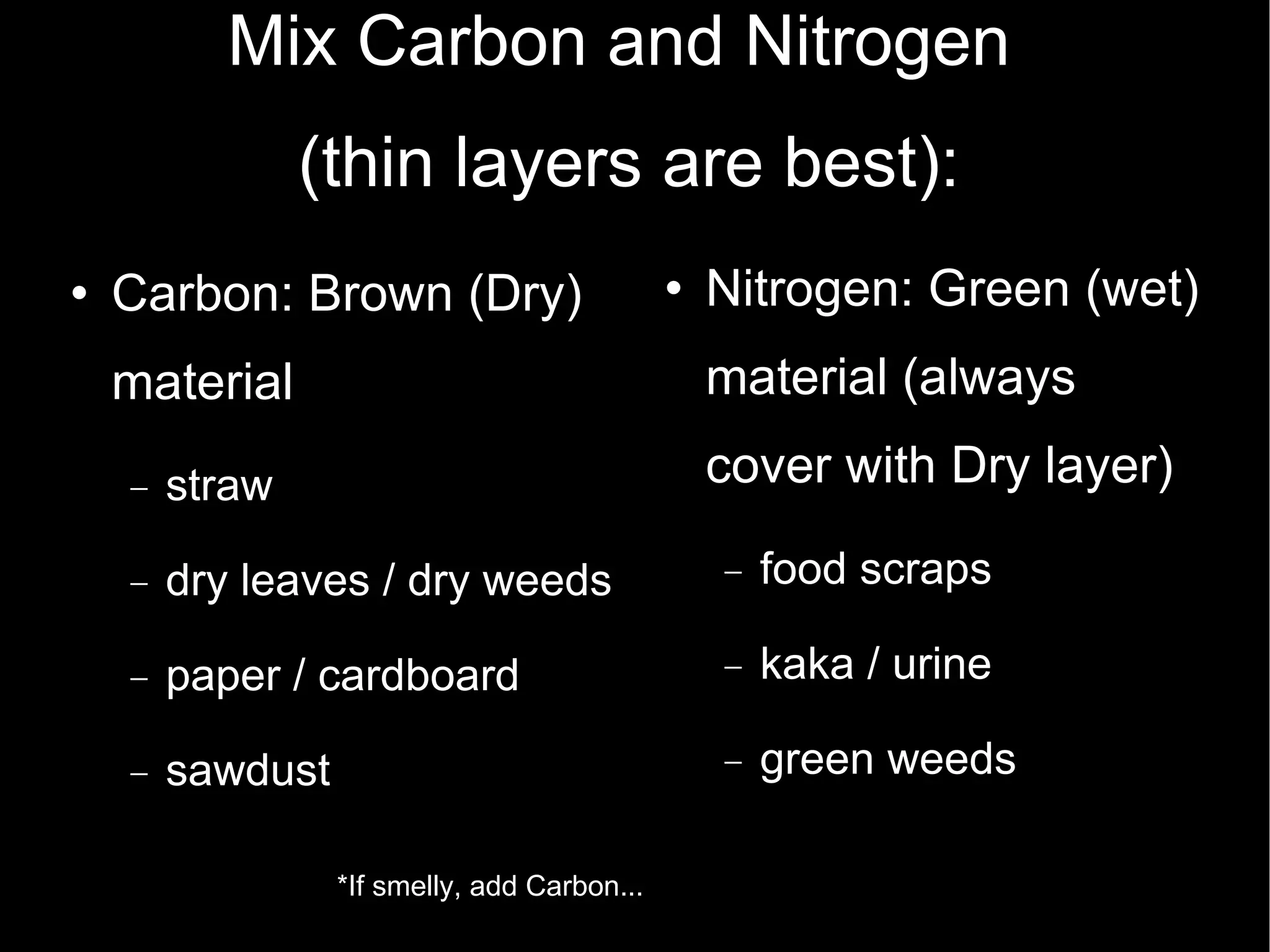 Mix Carbon and Nitrogen  (thin layers are best): Carbon: Brown (Dry) material straw dry leaves / dry weeds paper / cardboard sawdust Nitrogen: Green (wet) material (always cover with Dry layer)‏ food scraps kaka / urine green weeds *If smelly, add Carbon...  