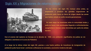 Siglo XX y Migraciones de retorno (Aliyá)
Con el avance del nazismo en Europa en la década de 1930, una población significativa de judíos se vio
obligada a asentarse en la zona de Palestina
A lo largo de la última mitad del siglo XX, gracias a una fuerte política de incentivos de inmigración de
población judía hacia Israel comienza a afianzarse la sociedad y economía moderna del país
En los inicios del siglo XX, incluso años antes, se
empezaron a producir las grandes migraciones de
población judía hacia su tierra de origen desde las zonas
que habían estado en exilio durante generaciones
En esta etapa las tensiones entre la comunidad árabe y
judía se hacen más acentuadas llegando a enfrentamientos
sangrientos e incluso actos terroristas por parte de ambos
bandos
 