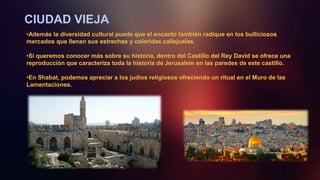 CIUDAD VIEJA
•Además la diversidad cultural puede que el encanto también radique en los bulliciosos
mercados que llenan sus estrechas y coloridas callejuelas.
•Si queremos conocer más sobre su historia, dentro del Castillo del Rey David se ofrece una
reproducción que caracteriza toda la historia de Jerusalem en las paredes de este castillo.
•En Shabat, podemos apreciar a los judíos religiosos ofreciendo un ritual en el Muro de las
Lamentaciones.
 