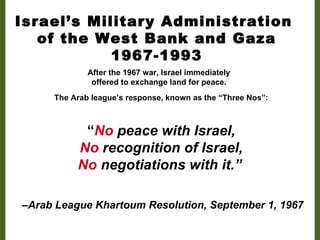 Israel’s Search for Peace Israel has sought peace through territorial compromise  Israel accepted territorial compromise  in 1937, 1947, 1979, 1993 and 2000. 1979–Peace with Egypt.  Israel returned the Sinai. 1994–Peace with Jordan. Since 1937 
