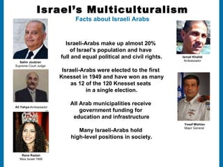 Hot Topics About Modern Israel Jews:  Indigenous to Israel, with 3,000-year continuous presence in the land. Jews were Jerusalem’s majority population since 1870.   American-style  civil liberties and human rights for all, including non-Jewish minorities, all ethnic groups, women and gays. A pluralistic society  with 15 recognized religions, 18% Arab population, and 80% Jewish population that  includes Jewish returnees from 80 countries in the middle east, Africa, north and south America, Europe and Asia. Full civil and political rights  for Israeli Arabs who have five political parties, hold seats in the Knesset and are elected or appointed to high-level positions. 