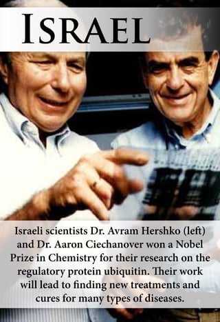 Israeli scientists Dr. Avram Hershko (left)
and Dr. Aaron Ciechanover won a Nobel
Prize in Chemistry for their research on the
regulatory protein ubiquitin. Their work
will lead to finding new treatments and
cures for many types of diseases.
Israel
 