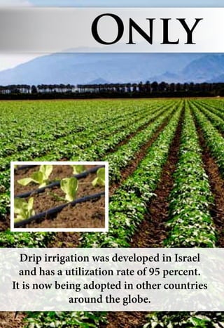 Drip irrigation was developed in Israel
and has a utilization rate of 95 percent.
It is now being adopted in other countries
around the globe.
Only
 