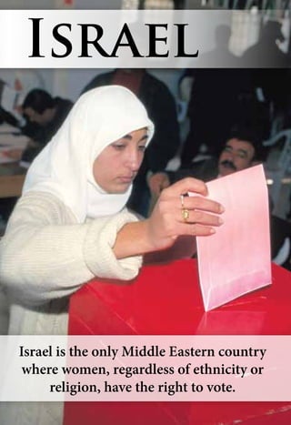 Israel is the only Middle Eastern country
where women, regardless of ethnicity or
religion, have the right to vote.
Israel
 