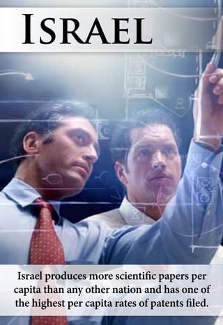 Israel produces more scientific papers per
capita than any other nation and has one of
the highest per capita rates of patents filed.
Israel
 