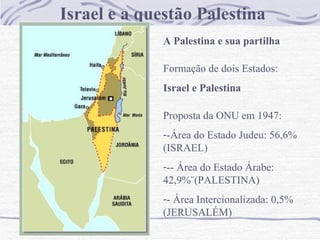 Israel e a questão Palestina
              A Palestina e sua partilha

              Formação de dois Estados:
              Israel e Palestina

              Proposta da ONU em 1947:
              --Área do Estado Judeu: 56,6%
              (ISRAEL)
              --- Área do Estado Árabe:
              42,9%¨(PALESTINA)
              -- Área Intercionalizada: 0,5%
              (JERUSALÉM)
 