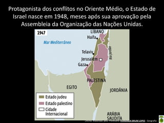 Oficina elaborada pela Professora FERNANDA BRUM LOPES - Geografia 
Protagonista dos conflitos no Oriente Médio, o Estado de Israel nasce em 1948, meses após sua aprovação pela Assembleia da Organização das Nações Unidas. 
 