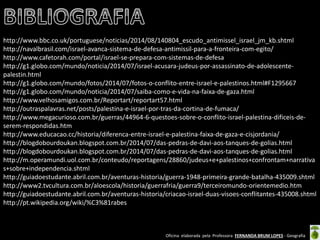 Oficina elaborada pela Professora FERNANDA BRUM LOPES - Geografia 
http://www.bbc.co.uk/portuguese/noticias/2014/08/140804_escudo_antimissel_israel_jm_kb.shtml 
http://navalbrasil.com/israel-avanca-sistema-de-defesa-antimissil-para-a-fronteira-com-egito/ 
http://www.cafetorah.com/portal/israel-se-prepara-com-sistemas-de-defesa 
http://g1.globo.com/mundo/noticia/2014/07/israel-acusara-judeus-por-assassinato-de-adolescente- palestin.html 
http://g1.globo.com/mundo/fotos/2014/07/fotos-o-conflito-entre-israel-e-palestinos.html#F1295667 
http://g1.globo.com/mundo/noticia/2014/07/saiba-como-e-vida-na-faixa-de-gaza.html 
http://www.velhosamigos.com.br/Reportart/reportart57.html 
http://outraspalavras.net/posts/palestina-e-israel-por-tras-da-cortina-de-fumaca/ 
http://www.megacurioso.com.br/guerras/44964-6-questoes-sobre-o-conflito-israel-palestina-dificeis-de- serem-respondidas.htm 
http://www.educacao.cc/historia/diferenca-entre-israel-e-palestina-faixa-de-gaza-e-cisjordania/ 
http://blogdobourdoukan.blogspot.com.br/2014/07/das-pedras-de-davi-aos-tanques-de-golias.html 
http://blogdobourdoukan.blogspot.com.br/2014/07/das-pedras-de-davi-aos-tanques-de-golias.html 
http://m.operamundi.uol.com.br/conteudo/reportagens/28860/judeus+e+palestinos+confrontam+narrativas+sobre+independencia.shtml 
http://guiadoestudante.abril.com.br/aventuras-historia/guerra-1948-primeira-grande-batalha-435009.shtml 
http://www2.tvcultura.com.br/aloescola/historia/guerrafria/guerra9/terceiromundo-orientemedio.htm 
http://guiadoestudante.abril.com.br/aventuras-historia/criacao-israel-duas-visoes-conflitantes-435008.shtml 
http://pt.wikipedia.org/wiki/%C3%81rabes 
 