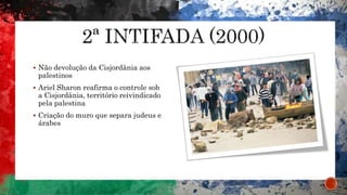  Não devolução da Cisjordânia aos
palestinos
 Ariel Sharon reafirma o controle sob
a Cisjordânia, território reivindicado
pela palestina
 Criação do muro que separa judeus e
árabes
 