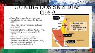  O conflito era de Israel contra os
Estados da Síria, Egito, Jordânia e
Iraque;
 Egito não cumpre com sua palavra
no acordo;
 Objetivo: abrir o Golfo de Aqaba, rota
importante para a navegação de
Israel;
 Vitória de Israel e acréscimo
relacionado às anexações da
Península de Sinai, Colinas de Golã,
a Faixa de Gaza, porção da
Cisjordânia e Jerusalém.
 