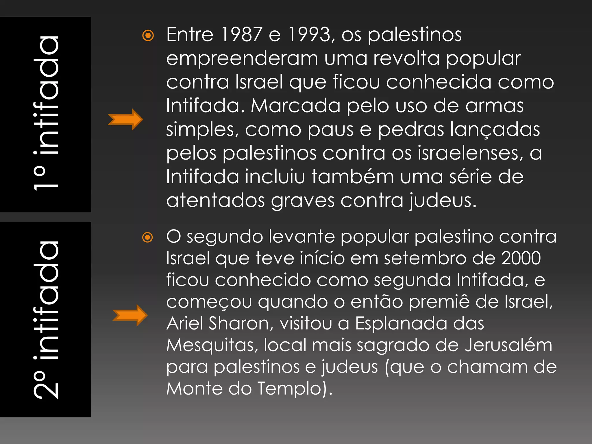 1º intifada2º intifadaEntre 1987 e 1993, os palestinos empreenderam uma revolta popular contra Israel que ficou conhecida como Intifada. Marcada pelo uso de armas simples, como paus e pedras lançadas pelos palestinos contra os israelenses, a Intifada incluiu também uma série de atentados graves contra judeus.O segundo levante popular palestino contra Israel que teve início em setembro de 2000 ficou conhecido como segunda Intifada, e começou quando o então premiê de Israel, Ariel Sharon, visitou a Esplanada das Mesquitas, local mais sagrado de Jerusalém para palestinos e judeus (que o chamam de Monte do Templo). 