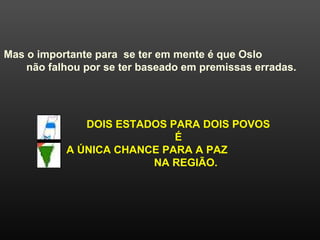 Mas o importante para se ter em mente é que Oslo
não falhou por se ter baseado em premissas erradas.
DOIS ESTADOS PARA DOIS POVOS
É
A ÚNICA CHANCE PARA A PAZ
NA REGIÃO.
 