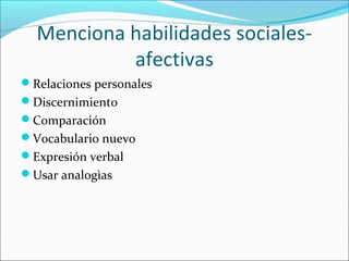 Menciona habilidades sociales-
afectivas
Relaciones personales
Discernimiento
Comparación
Vocabulario nuevo
Expresión verbal
Usar analogìas
 