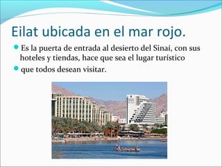 Eilat ubicada en el mar rojo.
Es la puerta de entrada al desierto del Sinaí, con sus
hoteles y tiendas, hace que sea el lugar turístico
que todos desean visitar.
 