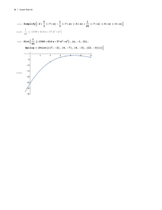 In[18]:= Simplify-2 +
5
3
(-7 + x) -
1
3
(-7 + x) (-4 + x) +
1
60
(-7 + x) (-6 + x) (-4 + x)
Out[18]=
1
60
-1548 + 414 x - 37 x2
+ x3

In[35]:= Plot
1
60
-1548 + 414 x - 37 x2
+ x3
, {x, -1, 12},
Epilog → {Point[{{7, -2}, {4, -7}, {6, -3}, {12, -3}}]}
Out[35]=
2 4 6 8 10 12
-35
-30
-25
-20
-15
-10
-5
4 Israel final.nb
 