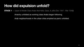 How did expulsion unfold?
STAGE 1 — Upper & Middle Class Arabs
fl
ed Haifa, Gaza, & Ja
ff
a (Dec 1947 - Mar 1948)
Anarchy unfolded as working class Arabs began following.
Arab neighborhoods in the urban cities emptied as panic unfolded.
117
 