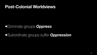 Post-Colonial Worldviews
•Dominate groups Oppress
•Subordinate groups su
ff
er Oppression
23
 