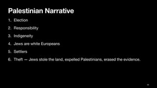 Palestinian Narrative
1. Election
2. Responsibility
3. Indigeneity
4. Jews are white Europeans
5. Settlers
6. Theft — Jews stole the land, expelled Palestinians, erased the evidence.
40
 