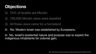 Objections
Q: 70% of Israelis are Mizrahi
Q: 700,000 Mizrahi Jews were expelled
Q: All these Jews came for a homeland
A: No, Modern Israel was established by Europeans.
A: No, Israel’s existential nature and purpose was to exploit the
indigenous inhabitants for colonial gain.
https://www.latimes.com/opinion/op-ed/la-oe-mazzig-mizrahi-jews-israel-20190520-story.html
 