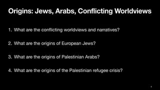 Origins: Jews, Arabs, Conflicting Worldviews
1. What are the con
fl
icting worldviews and narratives?
2. What are the origins of European Jews?
3. What are the origins of Palestinian Arabs?
4. What are the origins of the Palestinian refugee crisis?
8
 