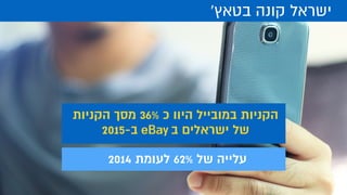 '‫בטאץ‬ ‫קונה‬ ‫ישראל‬
‫הקניות‬ ‫מסך‬ 36% ‫כ‬ ‫היוו‬ ‫במובייל‬ ‫הקניות‬
2015-‫ב‬ ‫ב‬ ‫ישראלים‬ ‫של‬eBay
2014 ‫לעומת‬ 62% ‫של‬ ‫עלייה‬
 