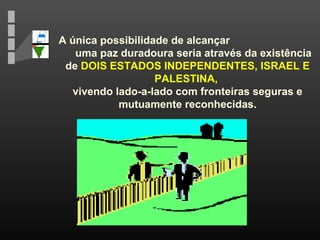 A única possibilidade de alcançar
uma paz duradoura seria através da existência
de DOIS ESTADOS INDEPENDENTES, ISRAEL E
PALESTINA,
vivendo lado-a-lado com fronteiras seguras e
mutuamente reconhecidas.
 
