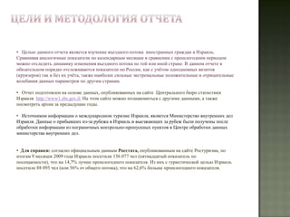 Цели и методология отчета   Целью данного отчета является изучение въездного потока иностранных граждан в Израиль. Сравнивая аналогичные показатели по календарным месяцам в сравнении с прошлогодним периодом  можно отследить динамику изменения въездного потока по той или иной стране. В данном отчете в обязательном порядке отслеживаются показатели по России, как с учётом однодневных визитов (круизеров) так и без их учёта, также наиболее сильные экстремальные положительные и отрицательные колебания данных параметров по другим странам.