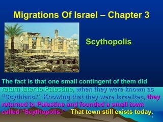 Migrations Of Israel – Chapter 3

                           Scythopolis



The fact is that one small contingent of them did
return later to Palestine, when they were known as
“Scythians.” Knowing that they were Israelites, they
returned to Palestine and founded a small town
called “Scythopolis.” That town still exists today.
                                                 6
 