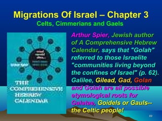 Migrations Of Israel – Chapter 3
     Celts, Cimmerians and Gaels
               Arthur Spier, Jewish author
               of A Comprehensive Hebrew
               Calendar, says that "Golah"
               referred to those Israelite
               "communities living beyond
               the confines of Israel" (p. 62).
               Galilee, Gilead, Gad, Golan
               and Golah are all possible
               etymological roots for
               Galatae, Goidels or Gauls--
               the Celtic people!
                                           69
 