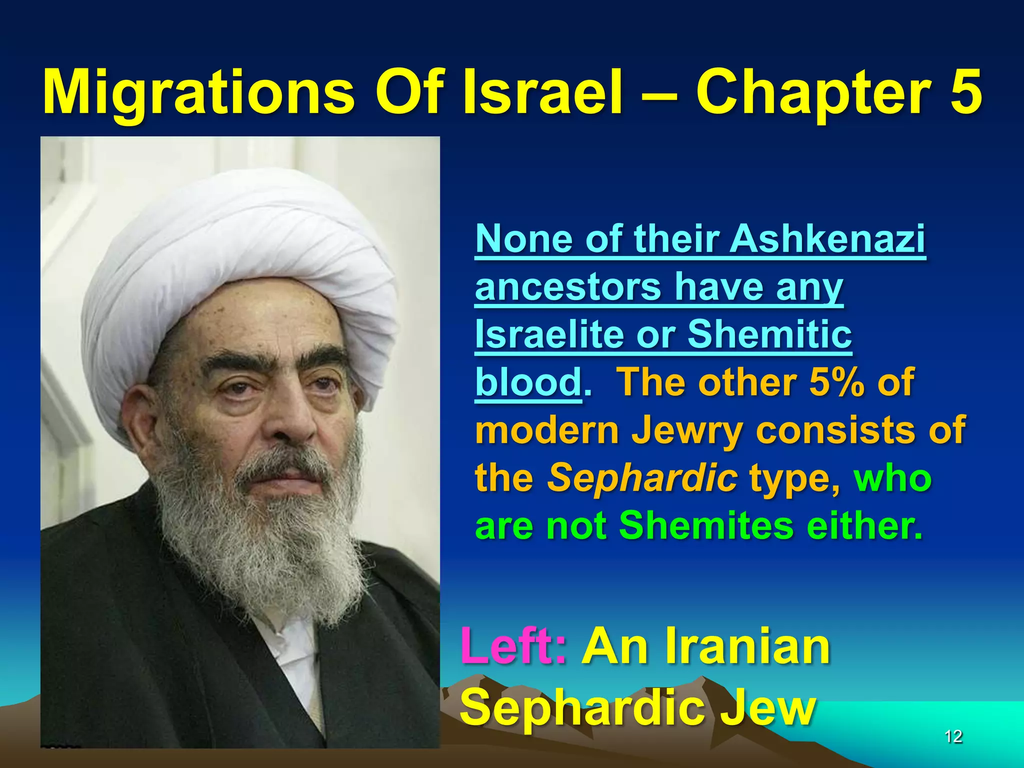 Migrations Of Israel – Chapter 5

              None of their Ashkenazi
              ancestors have any
              Israelite or Shemitic
              blood. The other 5% of
              modern Jewry consists of
              the Sephardic type, who
              are not Shemites either.


              Left: An Iranian
              Sephardic Jew         12
 