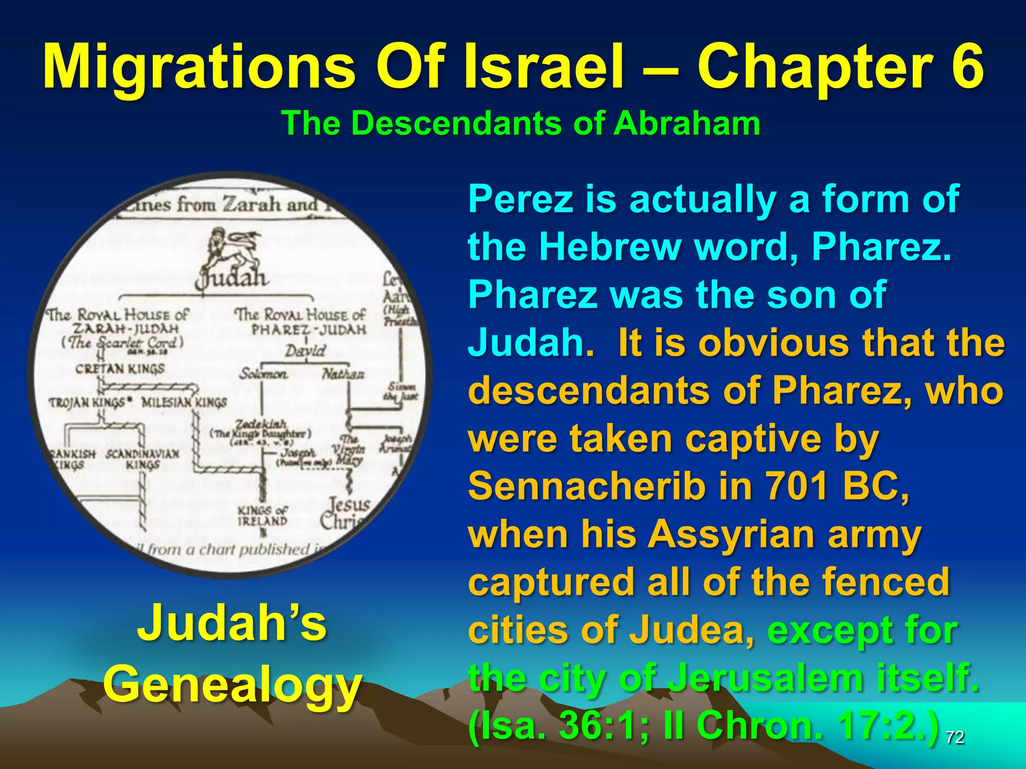 Migrations Of Israel – Chapter 6
        The Descendants of Abraham

                  Perez is actually a form of
                  the Hebrew word, Pharez.
                  Pharez was the son of
                  Judah. It is obvious that the
                  descendants of Pharez, who
                  were taken captive by
                  Sennacherib in 701 BC,
                  when his Assyrian army
                  captured all of the fenced
   Judah‟s        cities of Judea, except for
  Genealogy       the city of Jerusalem itself.
                  (Isa. 36:1; II Chron. 17:2.) 72
 