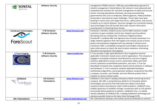 Software: Security                              management (PSIM) solutions. Offering a groundbreaking approach to
                                                                         incident management, Rontal delivers the industry's most advanced and
                                                                         comprehensive solutions for real-time management of safety and security
                                                                         events. Ensuring operational continuity, securing and protecting
                                                                         governmental sites such as embassies, federal agencies, military facilities
                                                                         and borders, have become major challenges. Threat types have been
                                                                         evolving in recent years and range from terror, safety events, and security
                                                                         incidents up to natural disasters. Security managers are constantly seeking
                                                                         new technologies that will provide them with relevant information
                                                                         assisting them in thwarting these threats.
ForeScout Technologies    IT & Enterprise        www.forescout.com       ForeScout's clientless network access control (NAC) solutions enable
                         Software: Security                              customers to gain complete control over network security without
                                                                         disrupting end-user productivity. ForeScout's flagship product,
                                                                         CounterACT, combines NAC and signature-less intrusion prevention in a
                                                                         single network appliance that interrogates and controls access of every
                                                                         device and seamlessly integrates with any existing IT infrastructure.
                                                                         ForeScout's NAC is completely transparent and enables enterprises to
                                                                         tailor enforcement to match the level of policy violations, eliminating
                                                                         disruptions during device interrogation.
    C-True Imaging        IT & Enterprise        www.ctrueltd.com        C-True provides a high speed Biometrics face recognition terminal
                         Software: Security                              applicable to biometric based access control applications. The company is
                                                                         engaged in providing innovative Facial Biometrics real time imaging
                                                                         solutions applicable to access control, automotive safety, perimeter
                                                                         control, banknote counterfeited prevention, and more. C-True has
                                                                         developed innovative face recognition based vertical solutions in software
                                                                         and hardware. C-True’s solutions combines dedicated hardware,
                                                                         mathematical algorithms, and proprietary software components that offer
                                                                         a compact, accurate, user friendly, and cost effective product that is
                                                                         modular to various market needs.
      LifeWatch            Life Sciences:        www.lifewatch.com       LifeWatch is the nation’s leading ambulatory health monitoring services
                           Telemedicine                                  company. We offer a comprehensive platform of innovative patient
                                                                         technologies and services that help physicians detect and analyze
                                                                         symptoms before they become major health problems. LifeWatch Corp.
                                                                         enables physicians to establish stronger connections with at-risk patients
                                                                         and provide better guidance to patients. LifeWatch Corp. is a wholly
                                                                         owned subsidiary of LifeWatch AG, a leading healthcare technology and
                                                                         solutions provider listed on the Swiss Stock Exchange (LIFE).
  SHL Telemedicine         Life Sciences:     www.shl-telemedicine.com   SHL Telemedicine develops and markets personal telemedicine solutions.

                                                            10
 