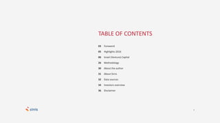 2
03
05
06
26
30
31
32
34
36
Foreword
Highlights 2016
Israel (Venture) Capital
Methodology
About the author
About Sirris
Data sources
Investors overview
Disclaimer
TABLE OF CONTENTS
 