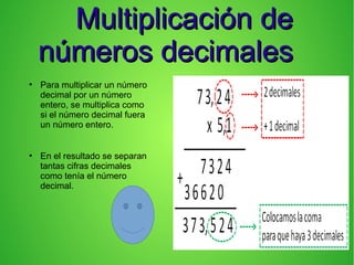 Multiplicación deMultiplicación de
números decimalesnúmeros decimales
●
Para multiplicar un número
decimal por un número
entero, se multiplica como
si el número decimal fuera
un número entero.
●
En el resultado se separan
tantas cifras decimales
como tenía el número
decimal.
 