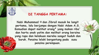 DI TANGGA PERTAMA:
Nabi Muhammad ‫ﷺ‬ dan Jibrail masuk ke langit
pertama, lalu berjumpa dengan Nabi Adam A.S.
Kemudian dapat melihat orang² yang makan riba`
dan harta anak yatim dan melihat orang berzina
yang rupa dan kelakuan mereka sangat huduh dan
buruk. Penzina lelaki bergantung pada susu
penzina perempuan.
22
 