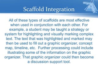 Scaffold Integration
All of these types of scaffolds are most effective
when used in conjunction with each other. For
example, a student may be taught a strategy or
system for highlighting and visually marking complex
text. The text that was highlighted and marked may
then be used to fill out a graphic organizer, concept
map, timeline, etc. Further processing could include
illustrating some of the information on the graphic
organizer. That graphic organizer could then become
a discussion support tool.
 