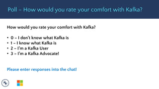 Poll – How would you rate your comfort with Kafka?
How would you rate your comfort with Kafka?
• 0 – I don’t know what Kaf...