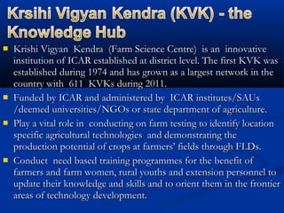  Krishi Vigyan Kendra (Farm Science Centre) is an innovativeKrishi Vigyan Kendra (Farm Science Centre) is an innovative
institution of ICAR established at district level. The first KVK wasinstitution of ICAR established at district level. The first KVK was
established during 1974 and has grown as a largest network in theestablished during 1974 and has grown as a largest network in the
country with 611 KVKs during 2011.country with 611 KVKs during 2011.
 Funded by ICAR and administered by ICAR institutes/SAUsFunded by ICAR and administered by ICAR institutes/SAUs
/deemed universities/NGOs or state department of agriculture./deemed universities/NGOs or state department of agriculture.
 Play a vital role in conducting on farm testing to identify locationPlay a vital role in conducting on farm testing to identify location
specific agricultural technologies and demonstrating thespecific agricultural technologies and demonstrating the
production potential of crops at farmers’ fields through FLDs.production potential of crops at farmers’ fields through FLDs.
 Conduct need based training programmes for the benefit ofConduct need based training programmes for the benefit of
farmers and farm women, rural youths and extension personnel tofarmers and farm women, rural youths and extension personnel to
update their knowledge and skills and to orient them in the frontierupdate their knowledge and skills and to orient them in the frontier
areas of technology development.areas of technology development.
 