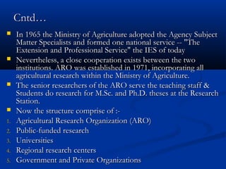 Cntd…Cntd…
 In 1965 the Ministry of Agriculture adopted the Agency SubjectIn 1965 the Ministry of Agriculture adopted the Agency Subject
Matter Specialists and formed one national service -- "TheMatter Specialists and formed one national service -- "The
Extension and Professional Service" the IES of todayExtension and Professional Service" the IES of today
 Nevertheless, a close cooperation exists between the twoNevertheless, a close cooperation exists between the two
institutions. ARO was established in 1971, incorporating allinstitutions. ARO was established in 1971, incorporating all
agricultural research within the Ministry of Agriculture.agricultural research within the Ministry of Agriculture.
 The senior researchers of the ARO serve the teaching staff &The senior researchers of the ARO serve the teaching staff &
Students do research for M.Sc. and Ph.D. theses at the ResearchStudents do research for M.Sc. and Ph.D. theses at the Research
Station.Station.
 Now the structure comprise of :-Now the structure comprise of :-
1.1. Agricultural Research Organization (ARO)Agricultural Research Organization (ARO)
2.2. Public-funded researchPublic-funded research
3.3. UniversitiesUniversities
4.4. Regional research centersRegional research centers
5.5. Government and Private OrganizationsGovernment and Private Organizations
 