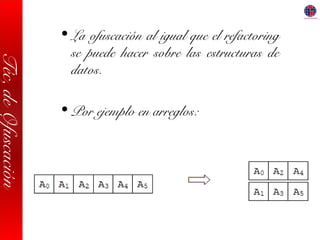 Téc,deOfuscación
• La ofuscación al igual que el refactoring
se puede hacer sobre las estructuras de
datos.
• Por ejemplo en arreglos:
 